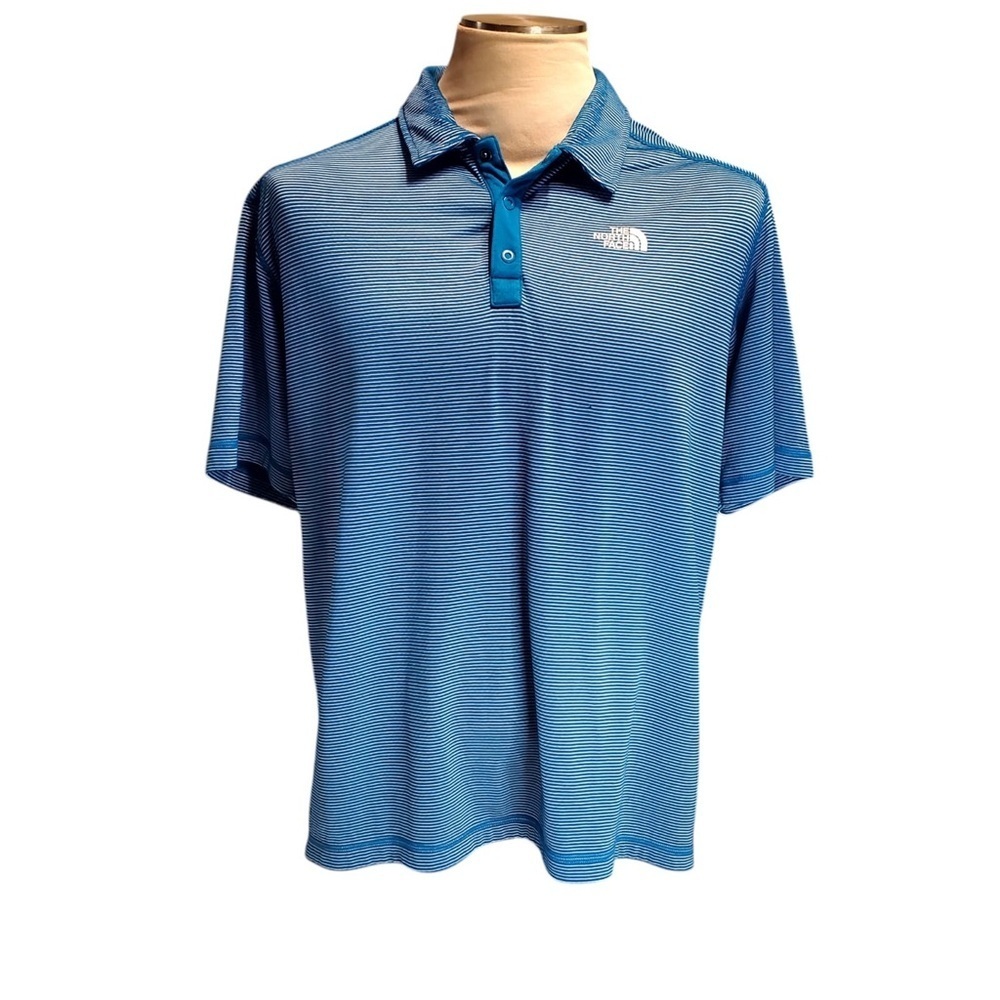 North Face Polo Shirt Men's Size L Flashdry Blue Short Sleeve With White Stripes